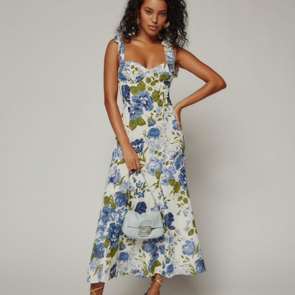 Reformation Blue and Green Floral Midi Dress